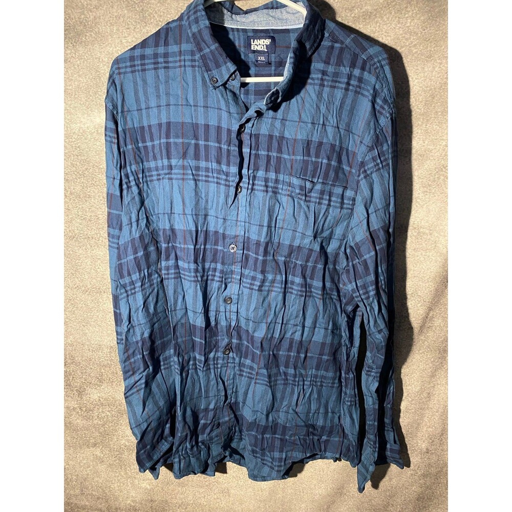 Lands' End Men's XXL Blue Plaid Flannel Shirt Long Sleeve Button Down